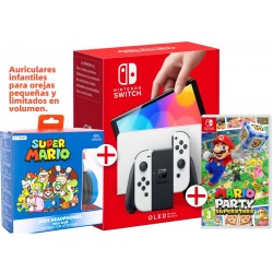 CONSOLA NINTENDO SWITCH OLED BLANCA + MARIO PARTY SUPERSTARS JUEGO FÍSICO + AURICULARES INFANTILES SUPER MARIO