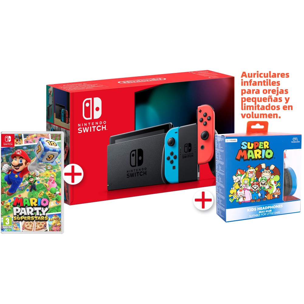 CONSOLA NINTENDO SWITCH NEON + MARIO PARTY SUPERSTARS JUEGO FÍSICO + AURICULARES INFANTILES SUPER MARIO