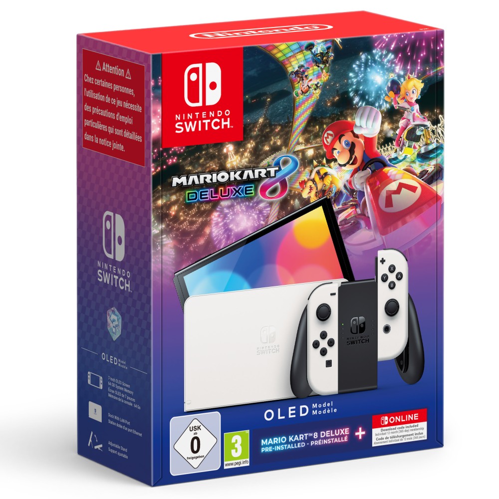 PREVENTA NINTENDO SWITCH  OLED BLANCA + SUPER MARIO KART 8 DELUXE + SUSCRIPCIÓN 12 MESES NINTENDO SWITCH ONLINE VERSIÓN ESPAÑOLA