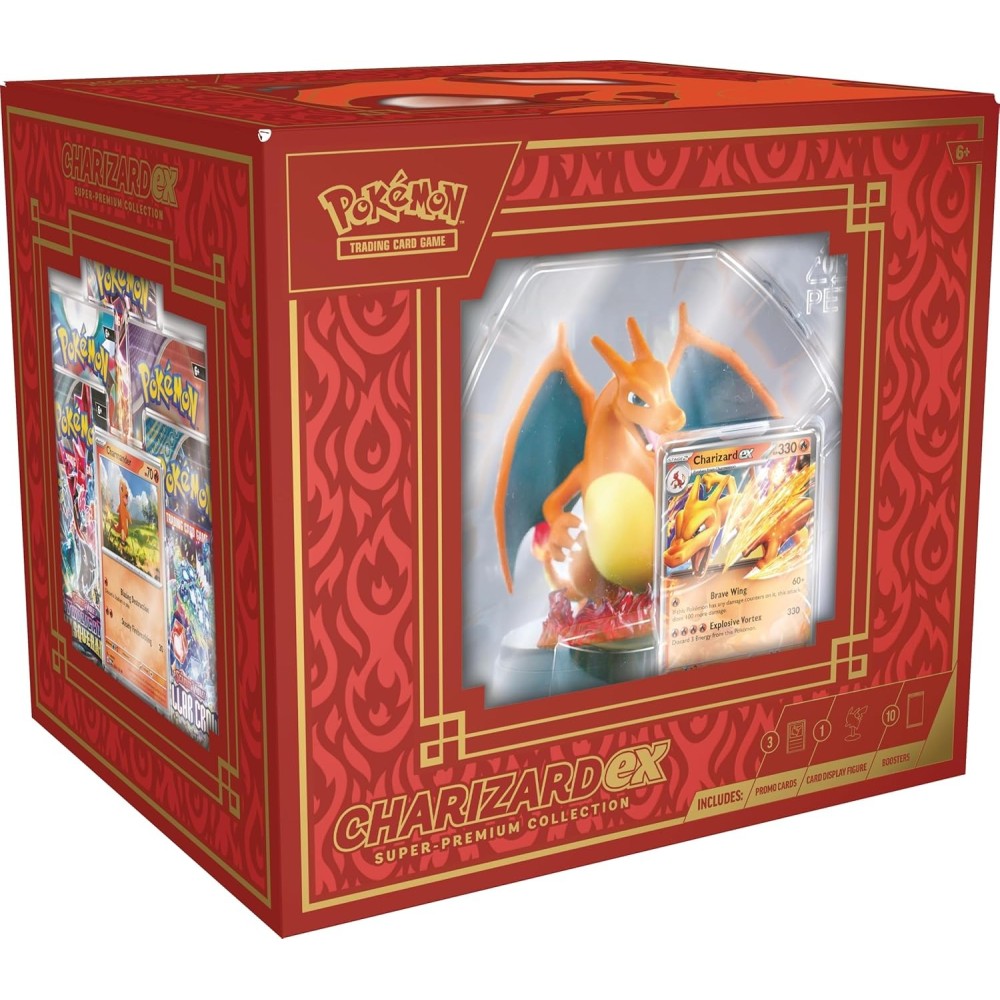 CARTAS POKÉMON PACK CHARIZARD EX 3 CARTAS HOLOGRÁFICAS DE PROMOCIÓN 1 FIGURA PARA EXHIBIR UNA CARTA Y 10 SOBRES DE MEJORA