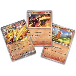 CARTAS POKÉMON PACK CHARIZARD EX 3 CARTAS HOLOGRÁFICAS DE PROMOCIÓN 1 FIGURA PARA EXHIBIR UNA CARTA Y 10 SOBRES DE MEJORA