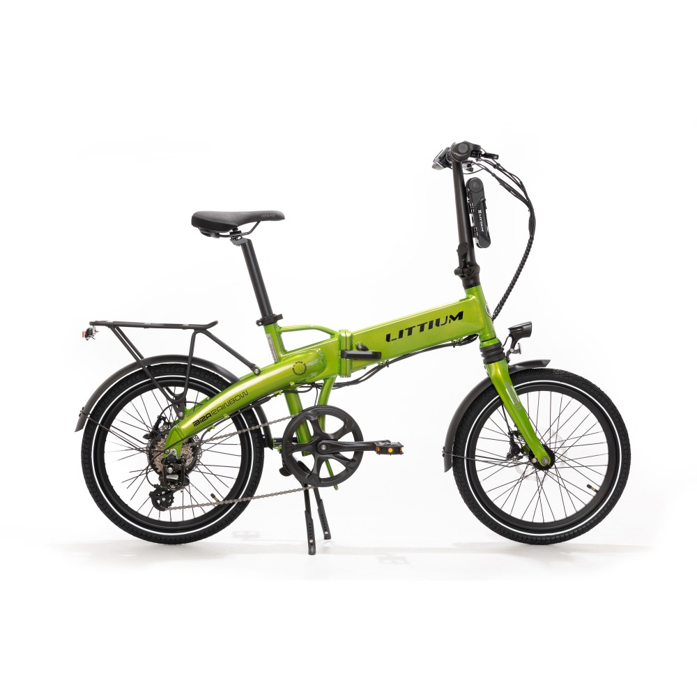 BICICLETA ELÉCTRICA PLEGABLE  IBIZA RAINBOW GREEN PEACE LITTIUM COLOR VERDE CON BATERÍA DE 10,4 AH Y ACCESORIOS GARANTÍA EUROPEA